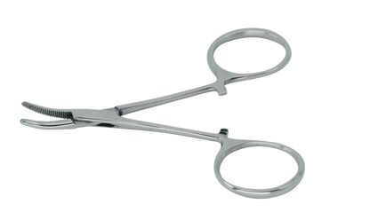 Stainless steel curved medical hemostat with serrated jaws on white background