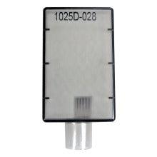 Clear plastic medical flow sensor with number 1025D-028, used for respiratory care equipment.