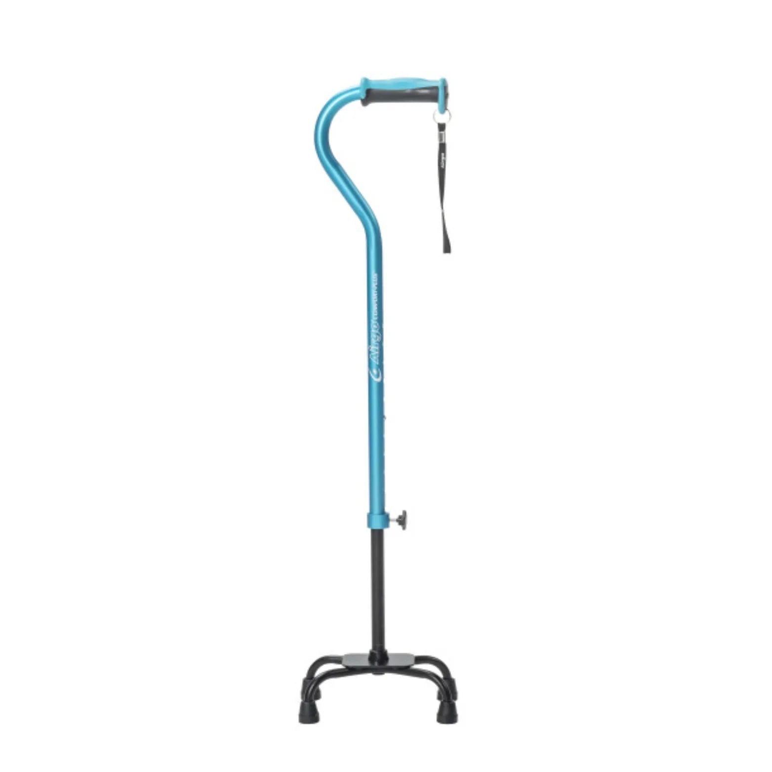 Blue adjustable quad cane with ergonomic handle and four-prong base for mobility support