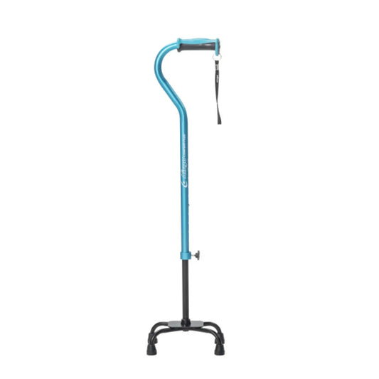 Blue adjustable quad cane with ergonomic handle and four-prong base for mobility support