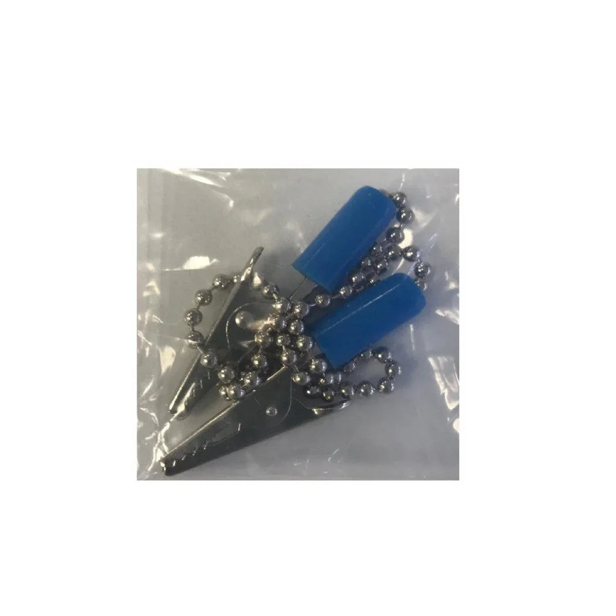 Pair of metal alligator clips with blue plastic covers and beaded chain in clear packaging