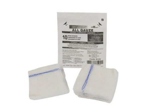 Sterile all gauze sponges with blue strip, medical wound care supplies, 10-pack