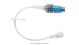 Clear IV extension set with blue needleless connector for medical infusion therapy