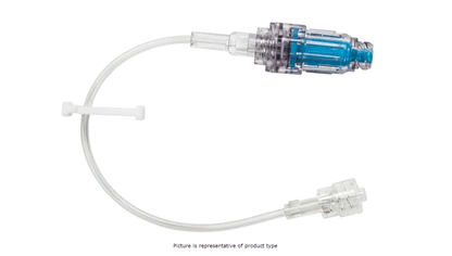 Clear IV extension set with blue needleless connector for medical infusion therapy