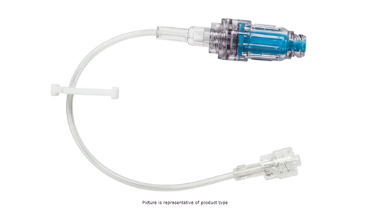 Clear medical IV extension tubing with blue needleless connector for infusion therapy