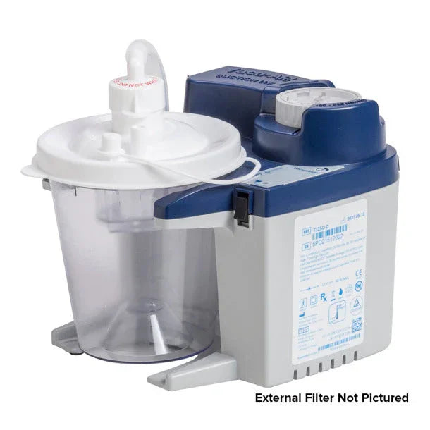 Portable medical suction machine with collection canister and visible control dial, white and blue design