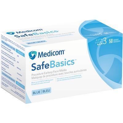 Box of Medicom SafeBasics blue earloop face masks, 50 count, for medical and home care use