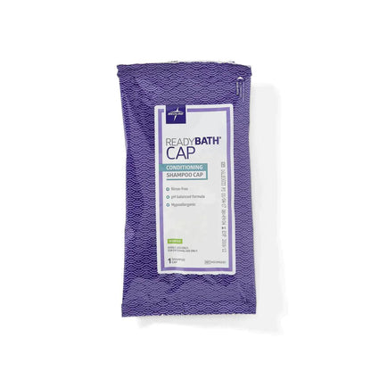 ReadyBath conditioning shampoo cap in purple packaging, rinse-free and hypoallergenic