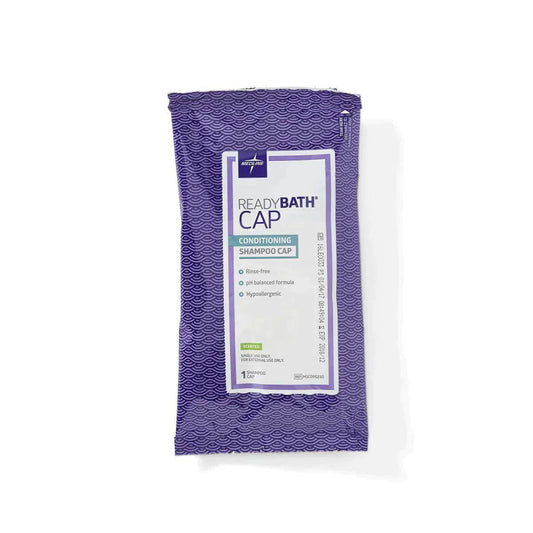 ReadyBath conditioning shampoo cap in purple packaging, rinse-free, single-use, hypoallergenic
