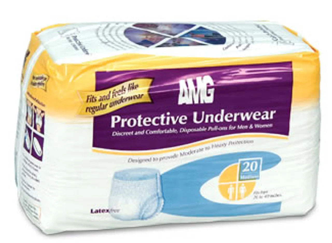 AMG protective underwear disposable pull-ons for adults, 20 pack, moderate to heavy absorbency