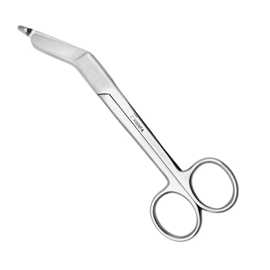 Stainless steel trauma shears with angled blades and finger rings for medical use