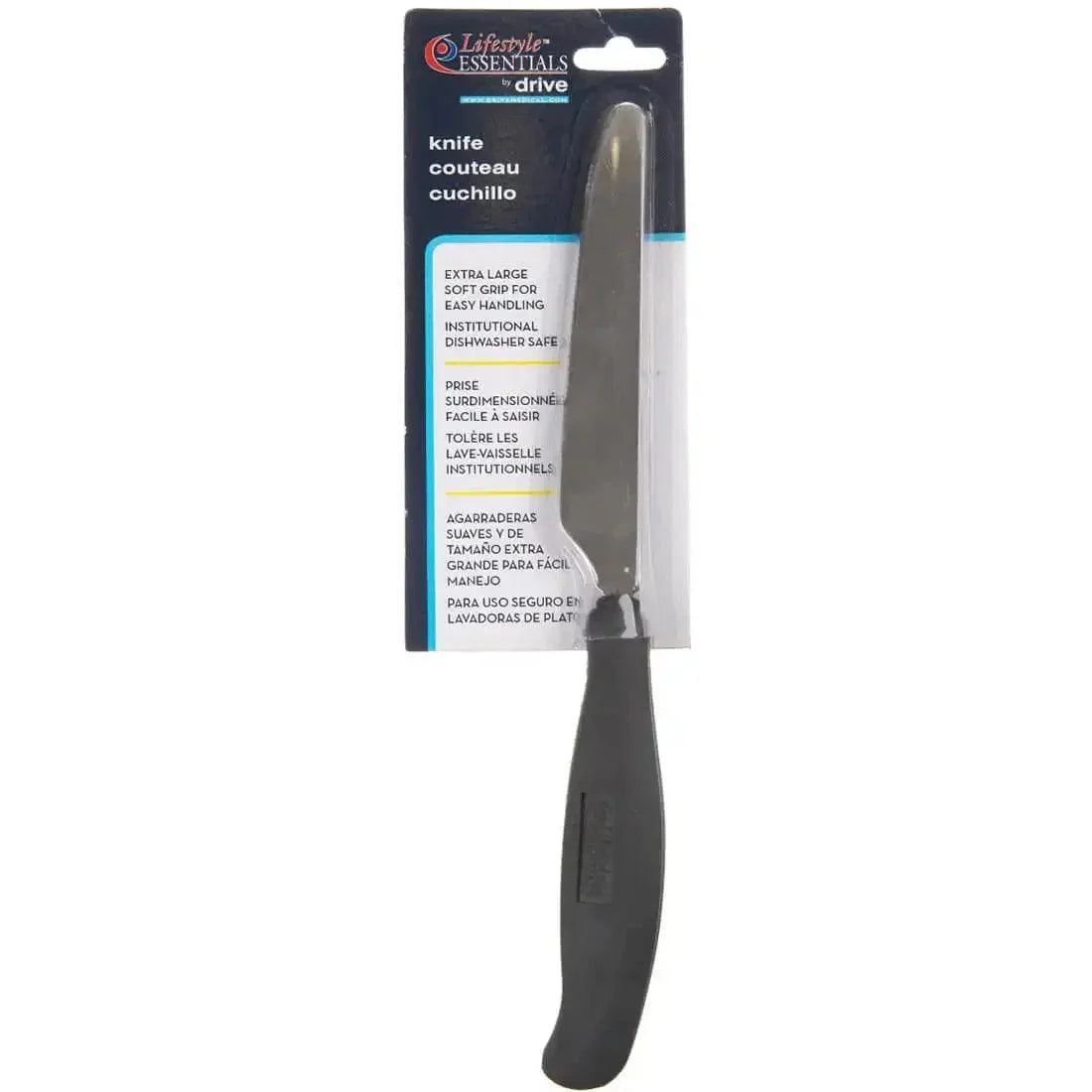 Bariatric grip knife with large soft grey handle in retail packaging for easy handling