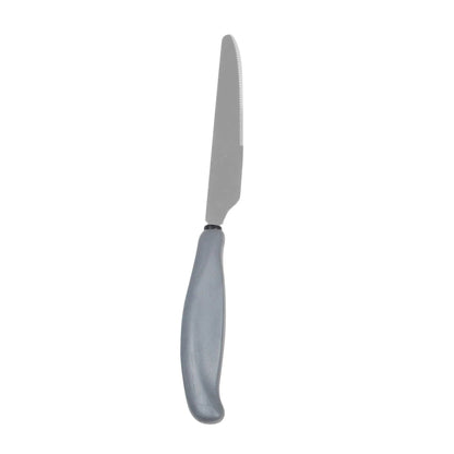 Grey bariatric grip knife with ergonomic handle and serrated edge on white background
