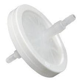 Round white medical in-line filter with two hose connectors on a plain background