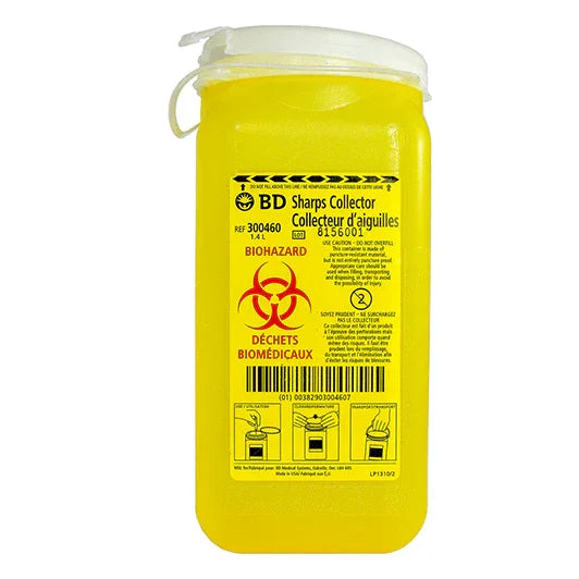 Yellow medical sharps container for safe biohazard needle disposal, with lid and hazard label.