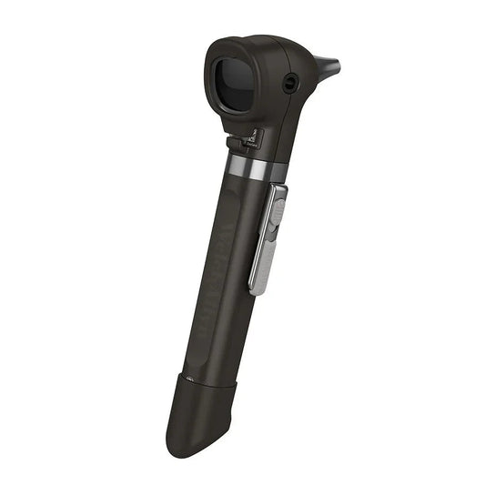 Black medical otoscope for ear examination, portable diagnostic tool on white background