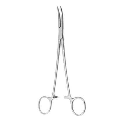 Curved stainless steel medical forceps with finger rings and serrated tips on white background