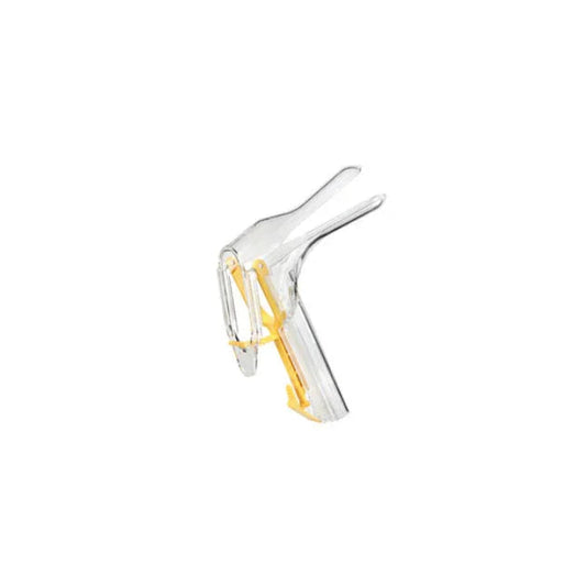Clear plastic vaginal speculum with yellow handle for medical examinations
