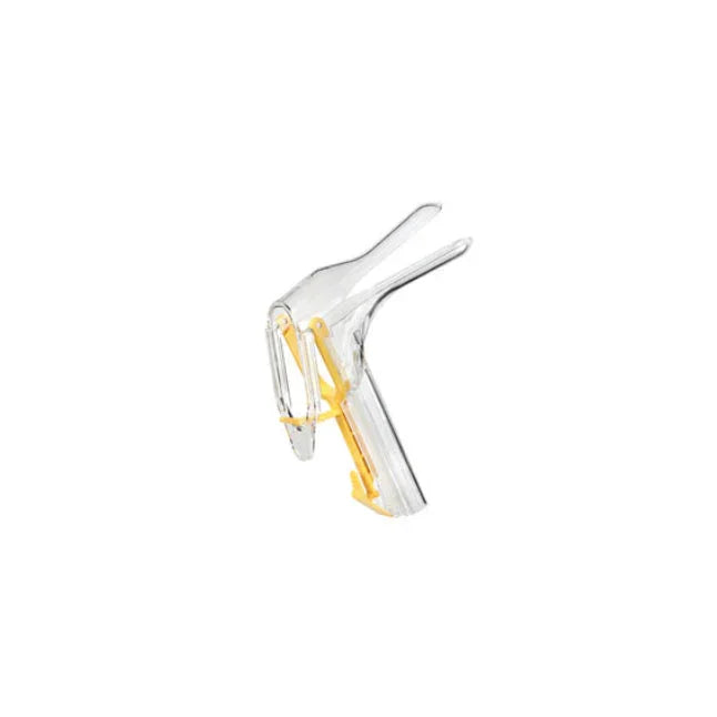 Clear disposable plastic vaginal speculum with yellow locking mechanism, medical instrument