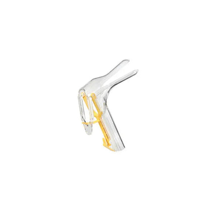 Plastic medical vaginal speculum with yellow handle for gynecological exams