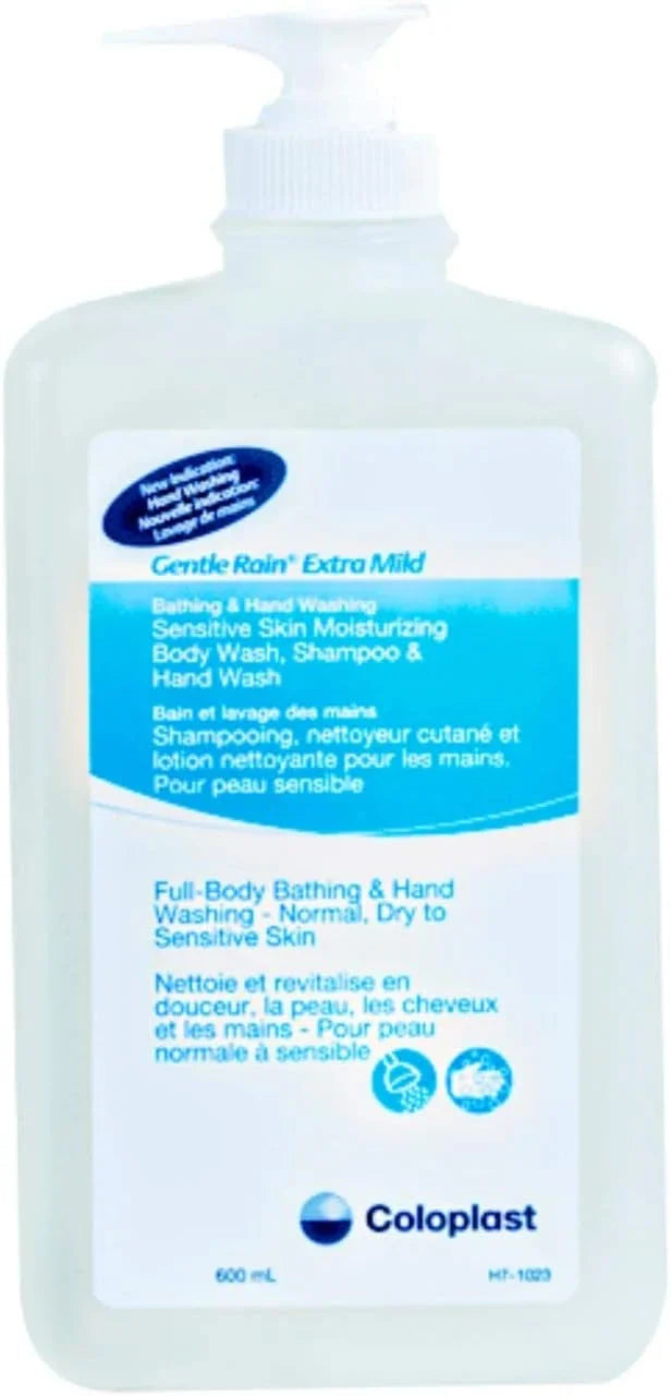 Gentle Rain Extra Mild sensitive skin body wash, shampoo, and hand wash 600ml pump bottle.