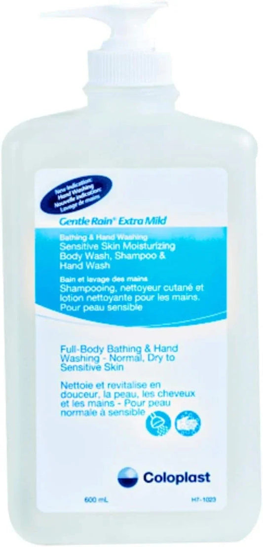 Gentle Rain Extra Mild sensitive skin body wash, shampoo, and hand wash 600ml pump bottle.