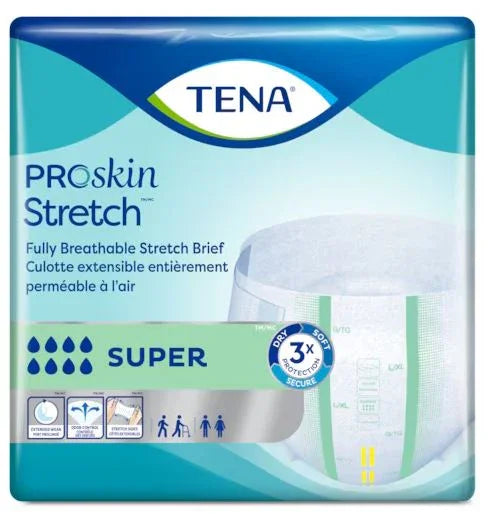 TENA ProSkin Stretch Super adult breathable stretch brief packaging showing product features