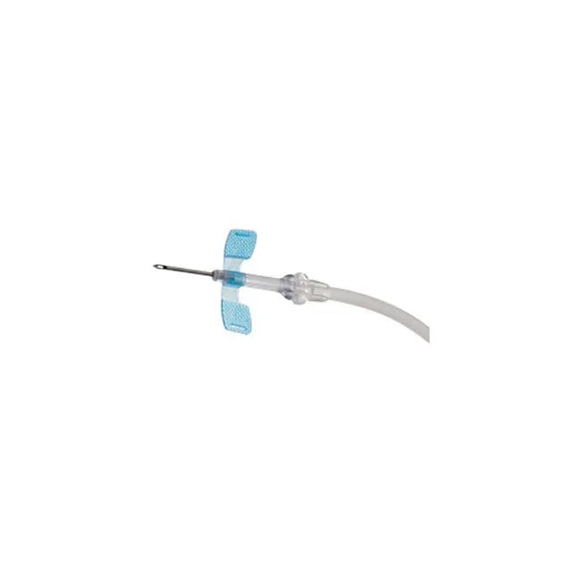 Sterile butterfly infusion set with blue wings and flexible tubing for IV therapy
