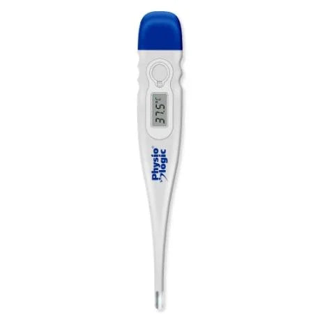 Digital medical thermometer with blue cap and LCD display showing temperature reading