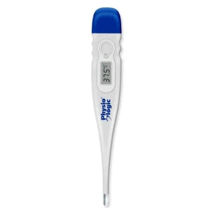 Digital medical thermometer with blue cap and LCD display showing temperature reading