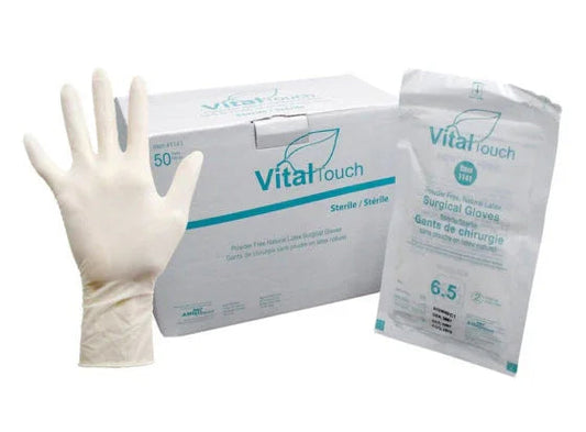 Sterile latex surgical glove, box, and individual glove packaging for medical use