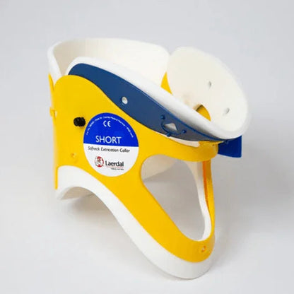 Rigid yellow and white cervical neck brace, Laerdal Stifneck Extrication Collar, for medical use
