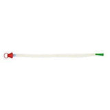 Medical suction catheter with red and green end connectors on white background