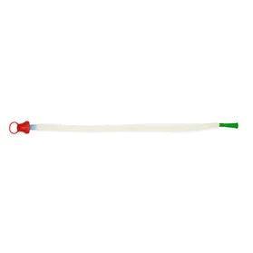Medical suction catheter with red and green connectors on white background