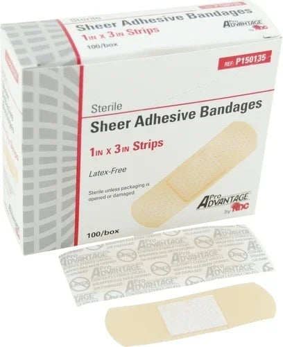 Box of sterile sheer adhesive bandages 1x3 inch, latex-free, with bandage strips displayed