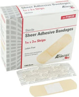 Box of sterile sheer adhesive bandages 1in x 3in strips, latex-free, shown with bandage.