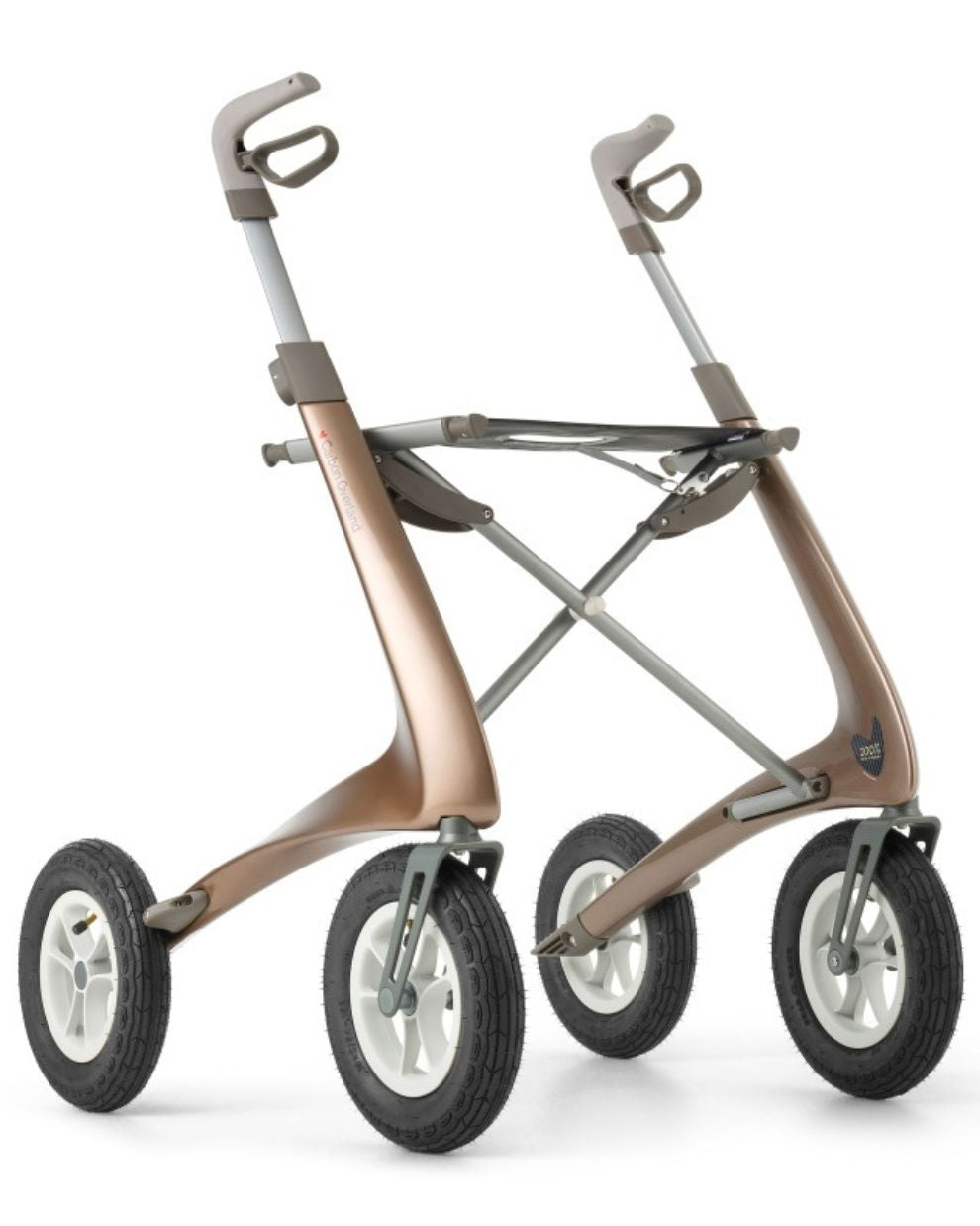 Lightweight carbon rollator walker with large wheels and ergonomic handles, brown color