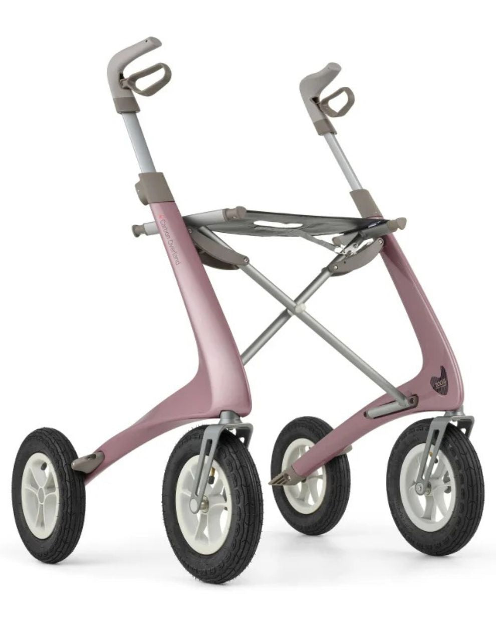 Lightweight rose gold rollator walker with four large wheels for mobility support