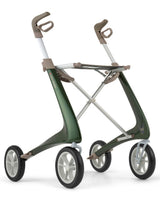 Wide carbon rollator walker in British racing green with ergonomic handles and large wheels