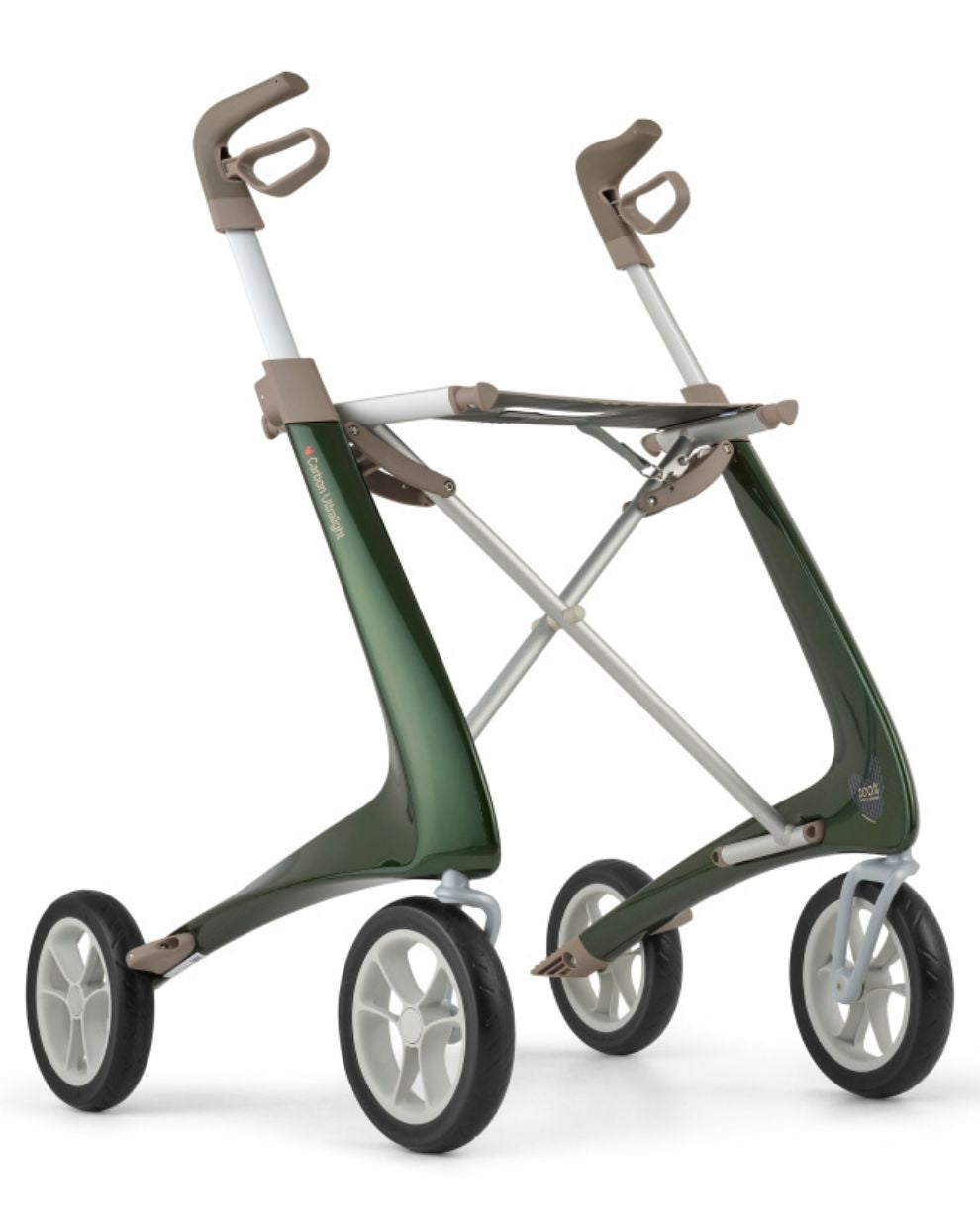 Wide carbon rollator walker in British racing green with ergonomic handles and large wheels