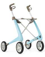 Light blue ultralight rollator walker with large wheels for mobility support
