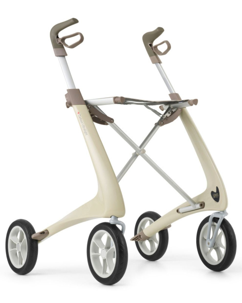 Lightweight white rollator walker with four wheels and ergonomic handles on white background