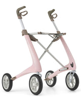 Lightweight wide rollator walker in pale rose with ergonomic handles and four large wheels