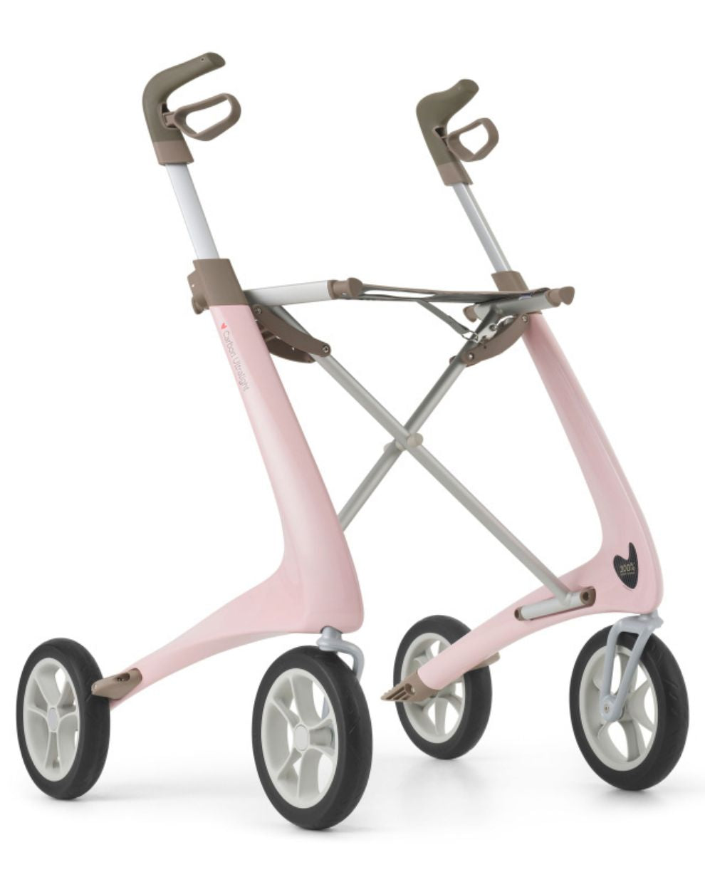 Lightweight wide rollator walker in pale rose with ergonomic handles and four large wheels