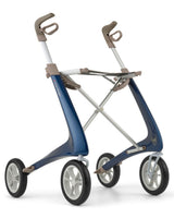 Blue lightweight wide rollator walker with four wheels for mobility assistance