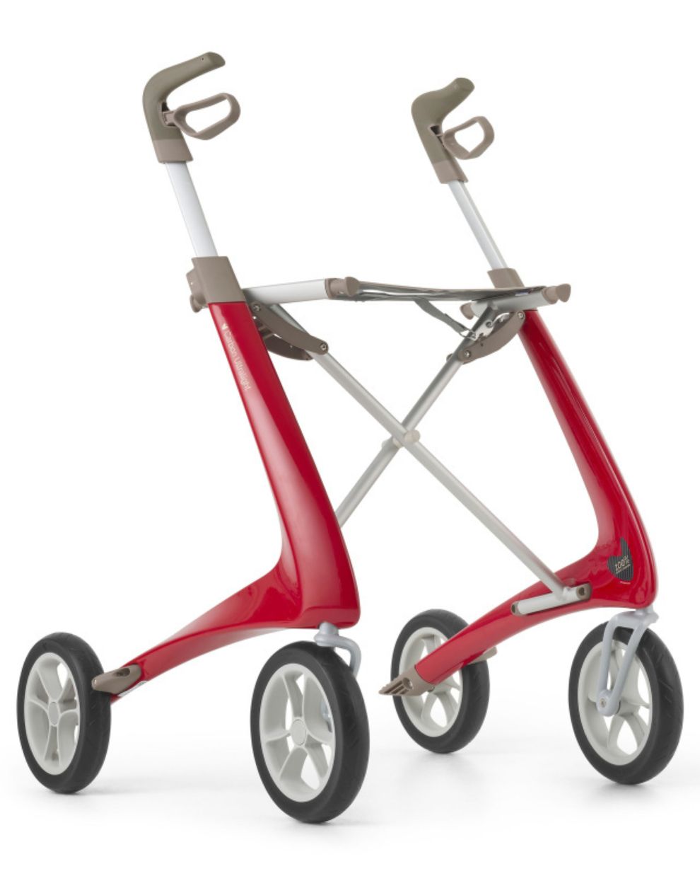 Red ultra-lightweight rollator walker with four wheels and ergonomic handles
