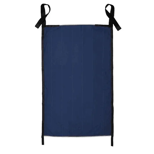 Navy blue patient transfer sheet with black straps for medical or home care use
