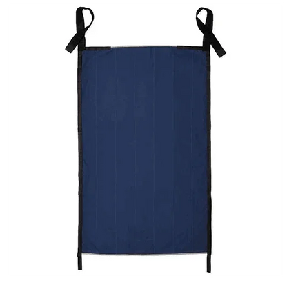 Navy blue patient transfer sheet with black straps for medical or home care use