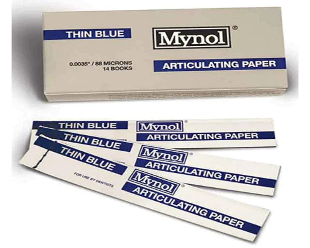 Mynol thin blue articulating paper for dental bite marking, box and strips shown.