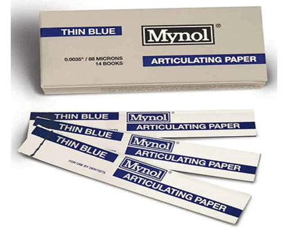 Mynol thin blue articulating paper for dental bite marking, box and strips shown.